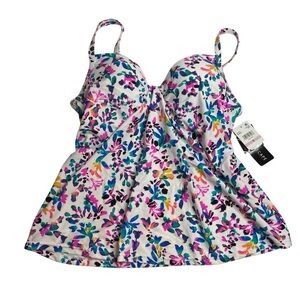 Island Escape Underwire Tankini Top Swimsuit White Floral Size 6 New